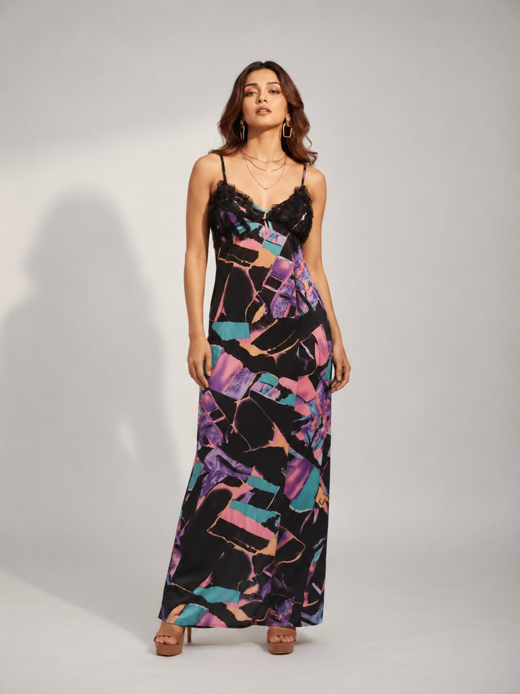 Abstract Print Ruffle Trim Cami Maxi Dress (Purple Multi)