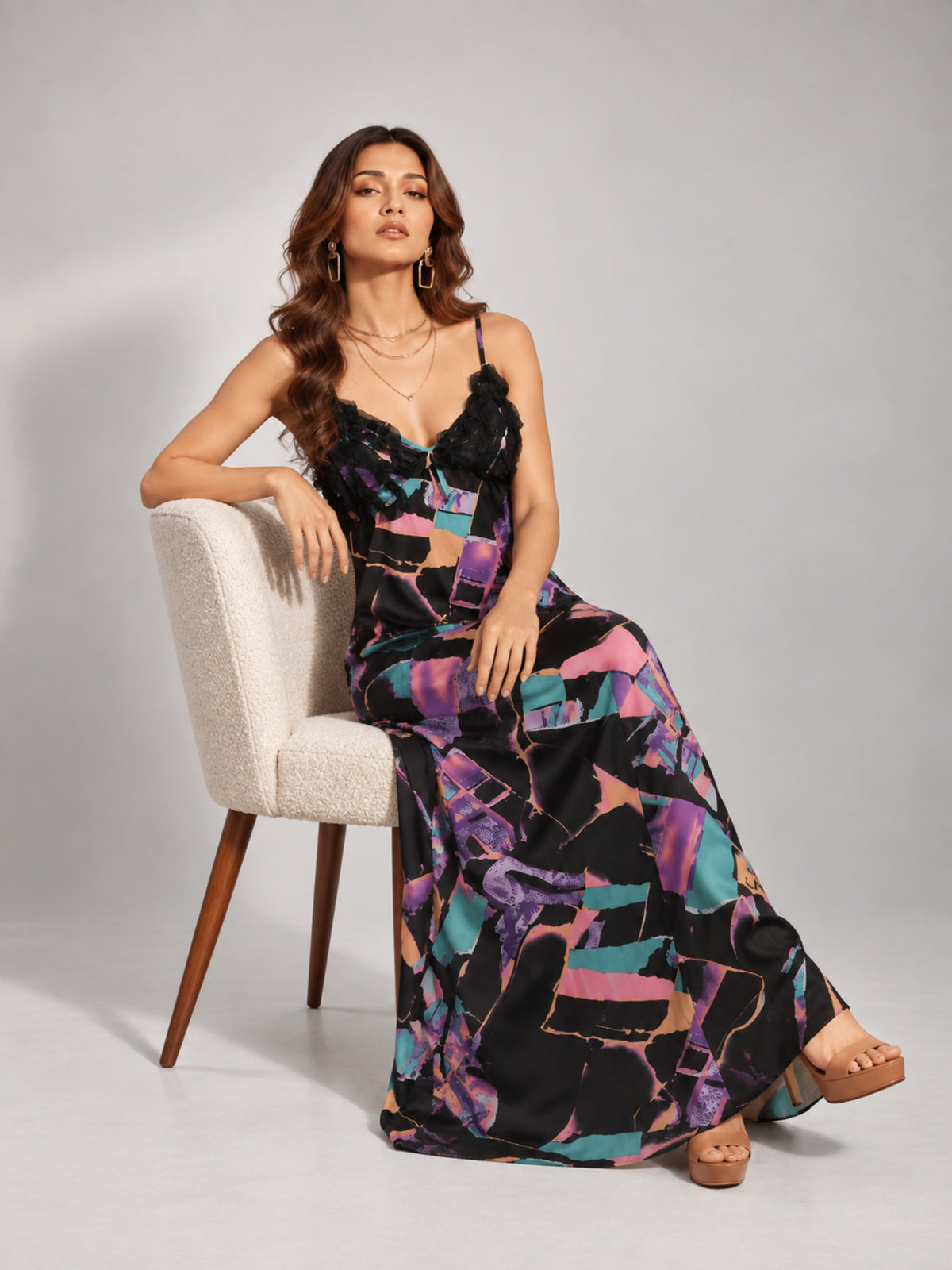 Abstract Print Ruffle Trim Cami Maxi Dress (Purple Multi)