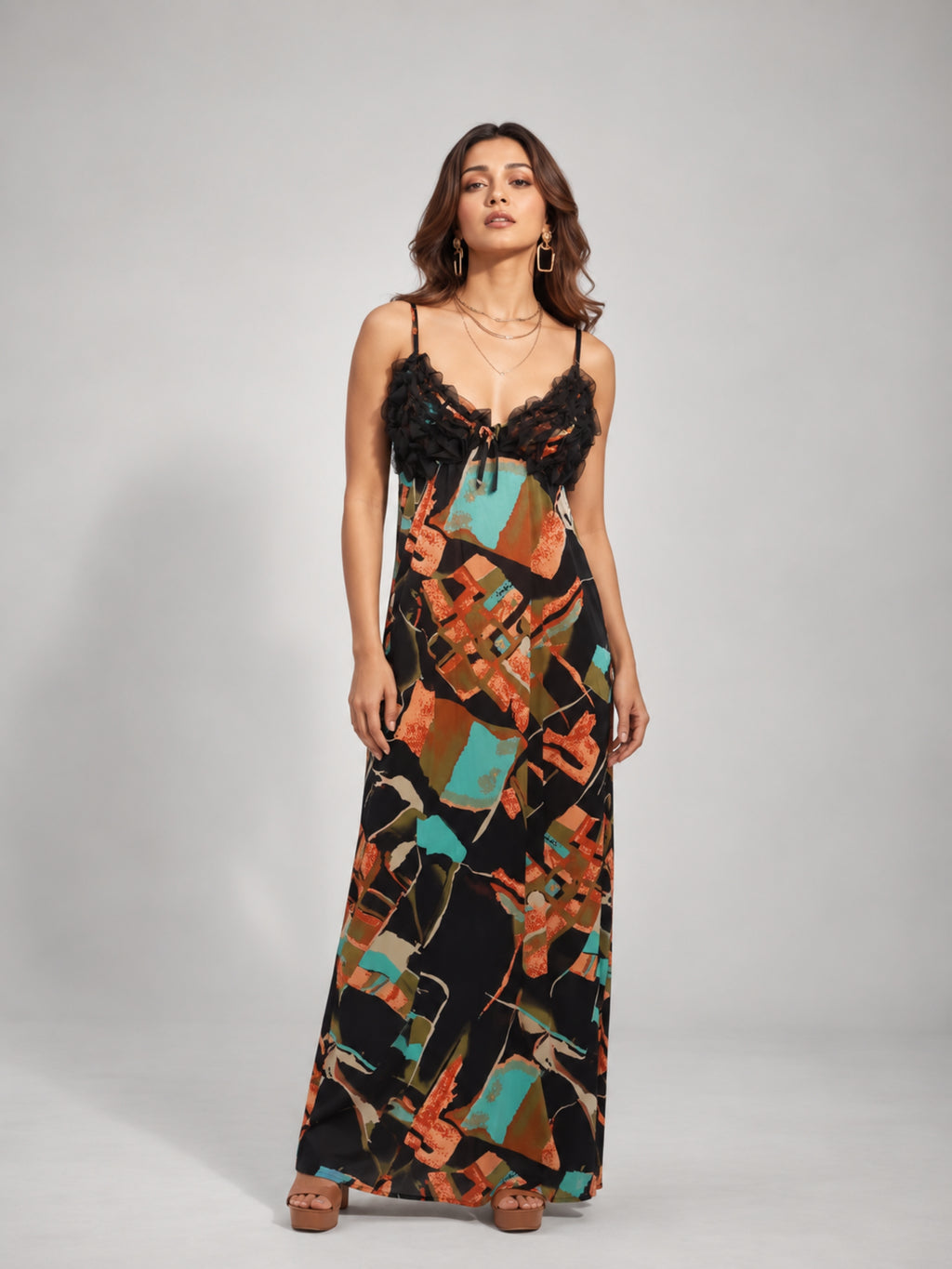 Abstract Print Ruffle Trim Cami Maxi Dress (Teal Multi)