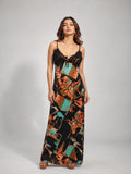 Abstract Print Ruffle Trim Cami Maxi Dress (Teal Multi)