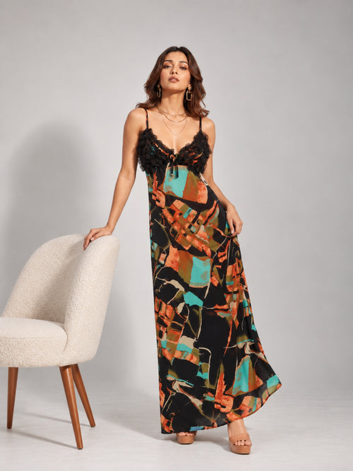 Abstract Print Ruffle Trim Cami Maxi Dress (Teal Multi)