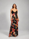 Abstract Print Ruffle Trim Cami Maxi Dress (Orange Multi)