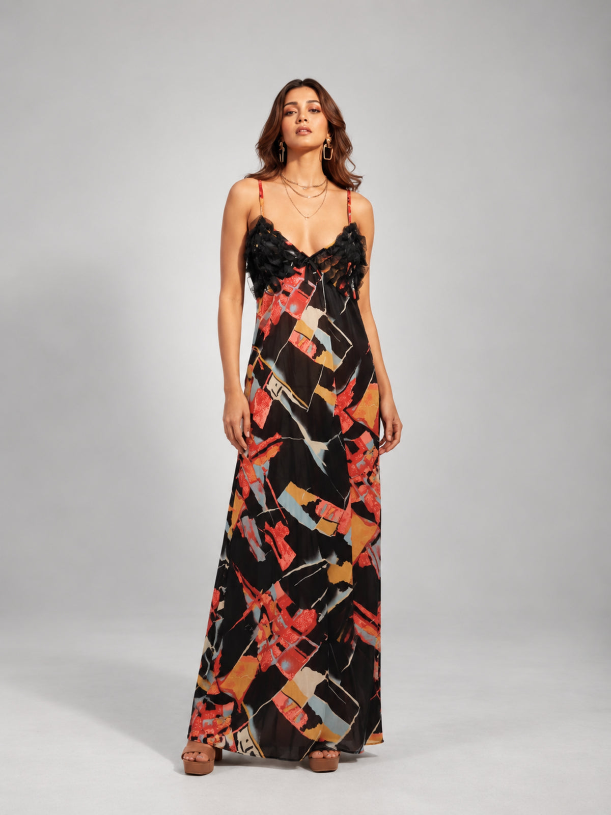 Abstract Print Ruffle Trim Cami Maxi Dress (Orange Multi)