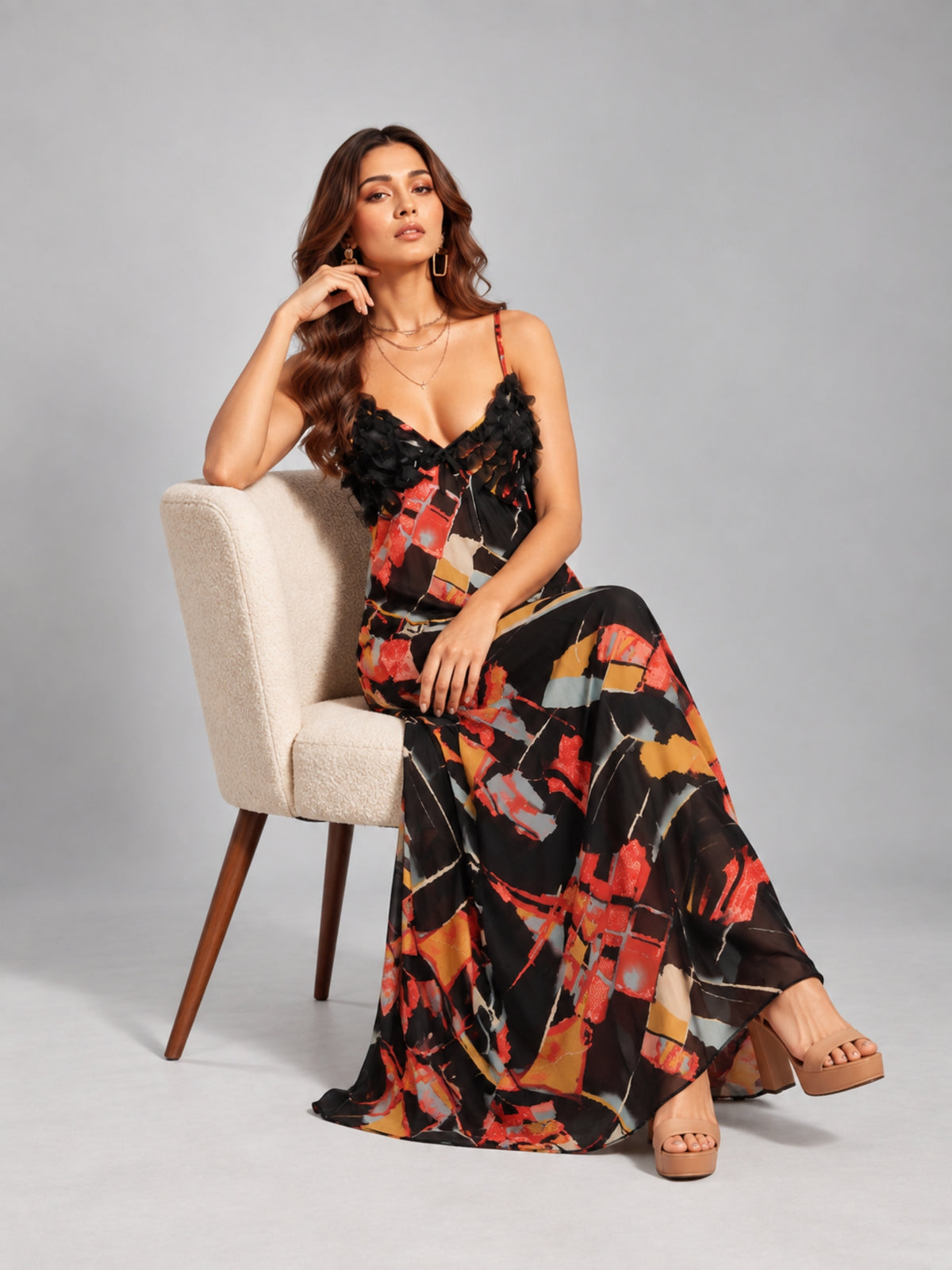 Abstract Print Ruffle Trim Cami Maxi Dress (Orange Multi)