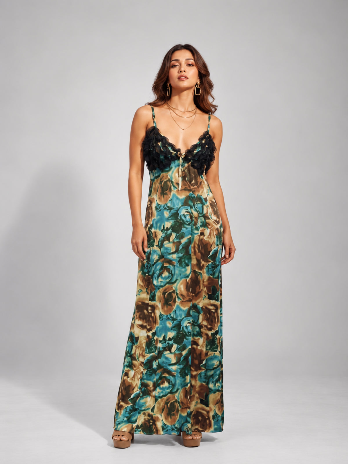 Rose Print Ruffle Trim Cami Maxi Dress (Teal)