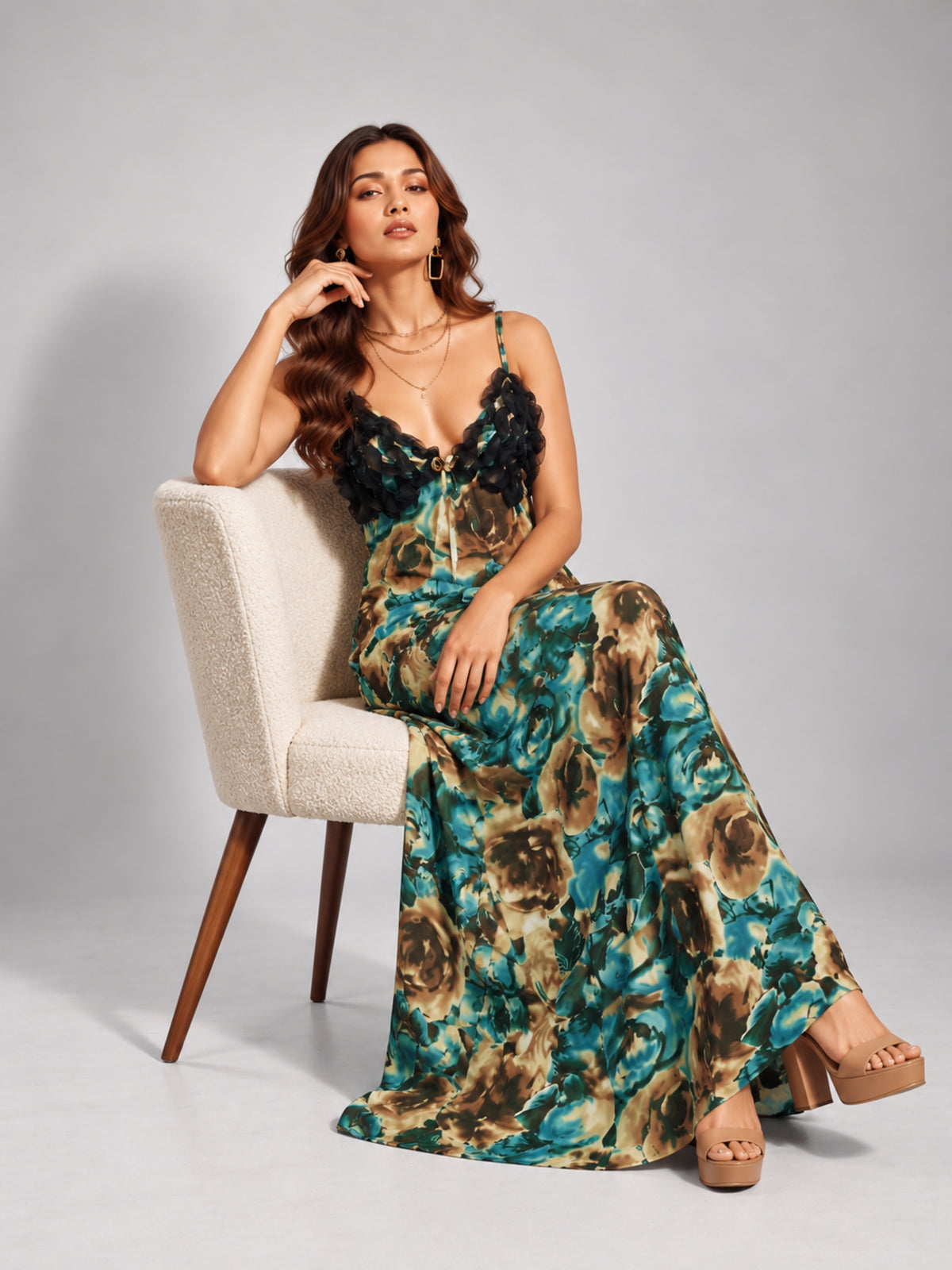 Rose Print Ruffle Trim Cami Maxi Dress (Teal)