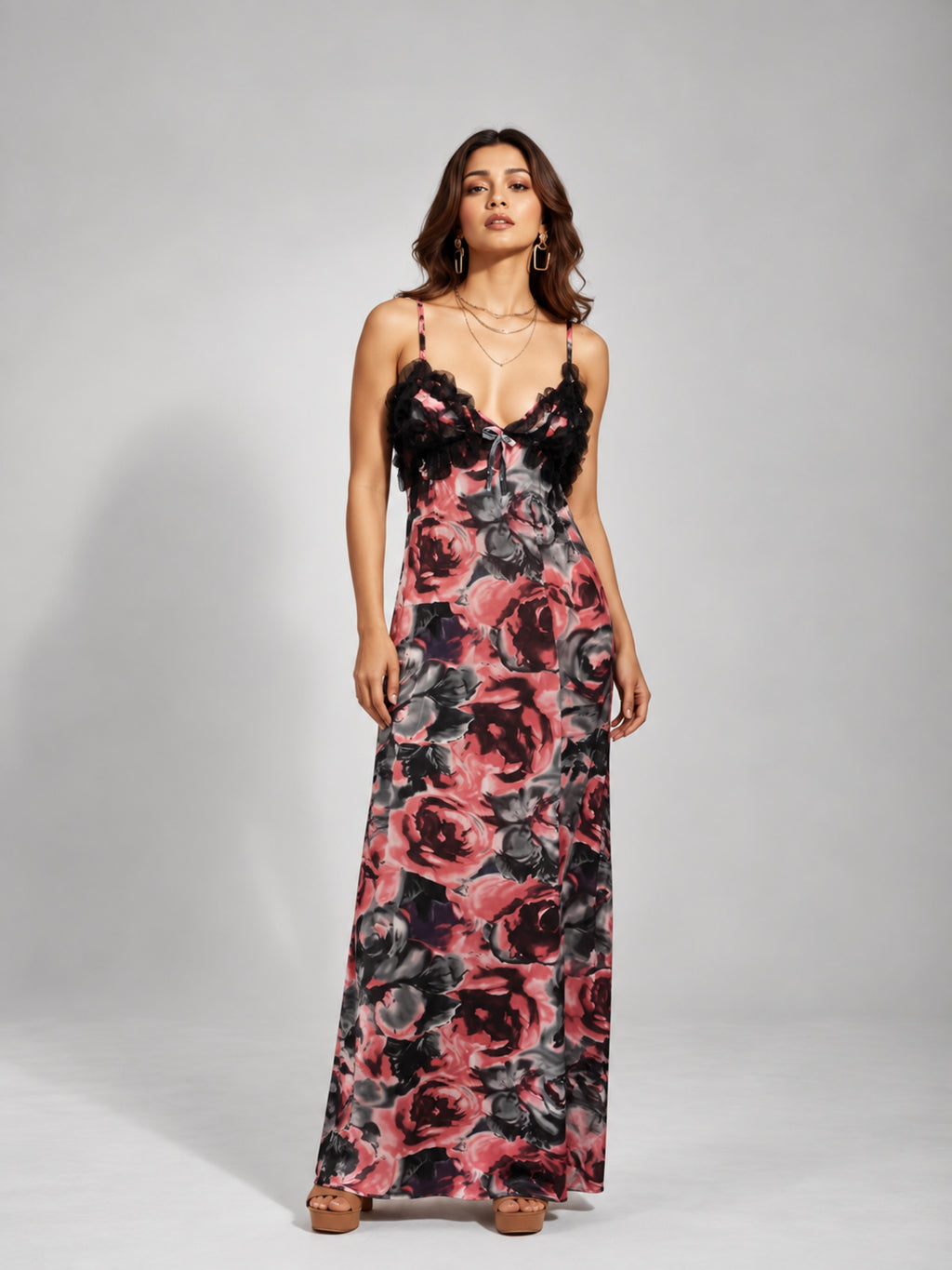Rose Print Ruffle Trim Cami Maxi Dress