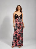 Rose Print Ruffle Trim Cami Maxi Dress