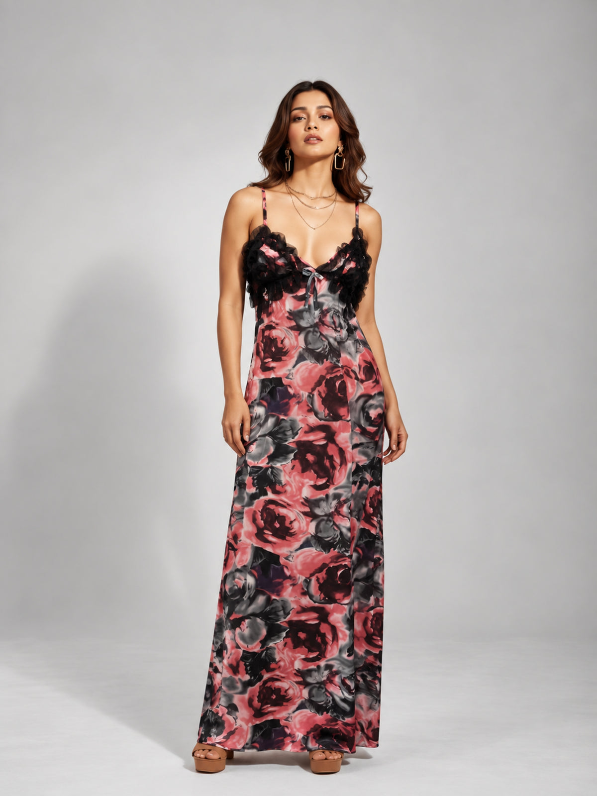 Rose Print Ruffle Trim Cami Maxi Dress