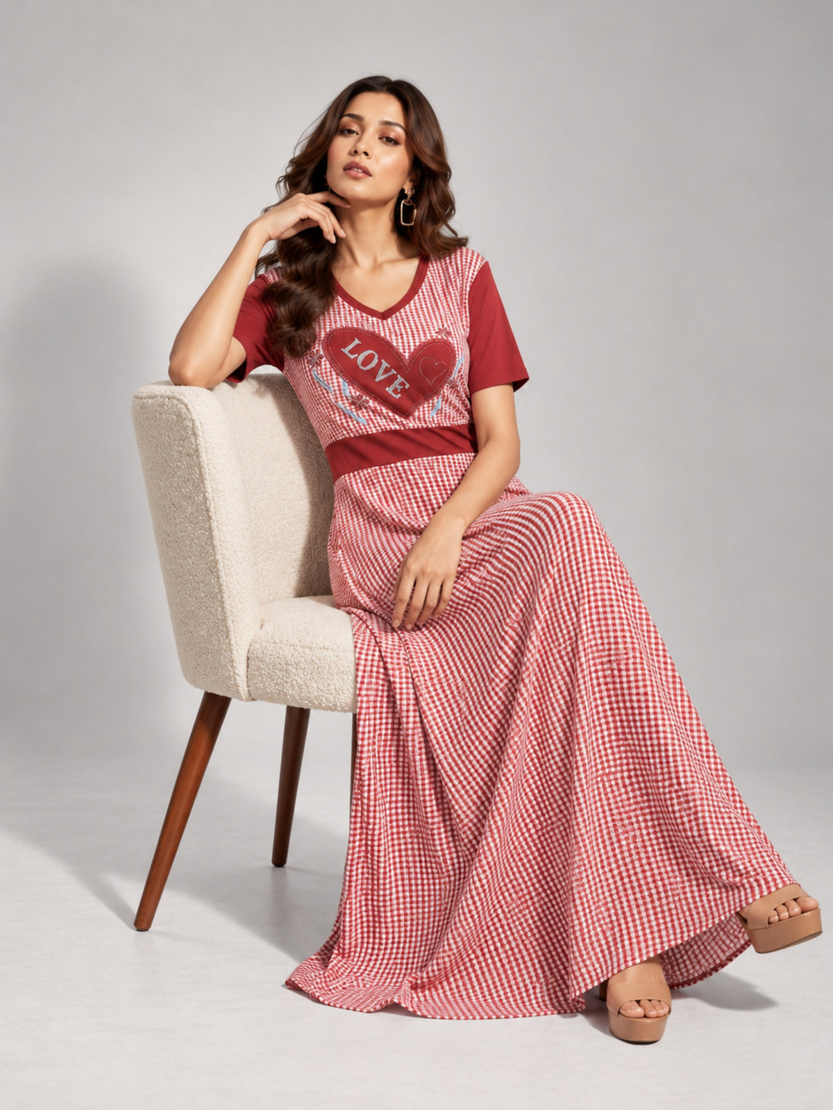 Love Heart Gingham Maxi Dress (Dusty Rose)
