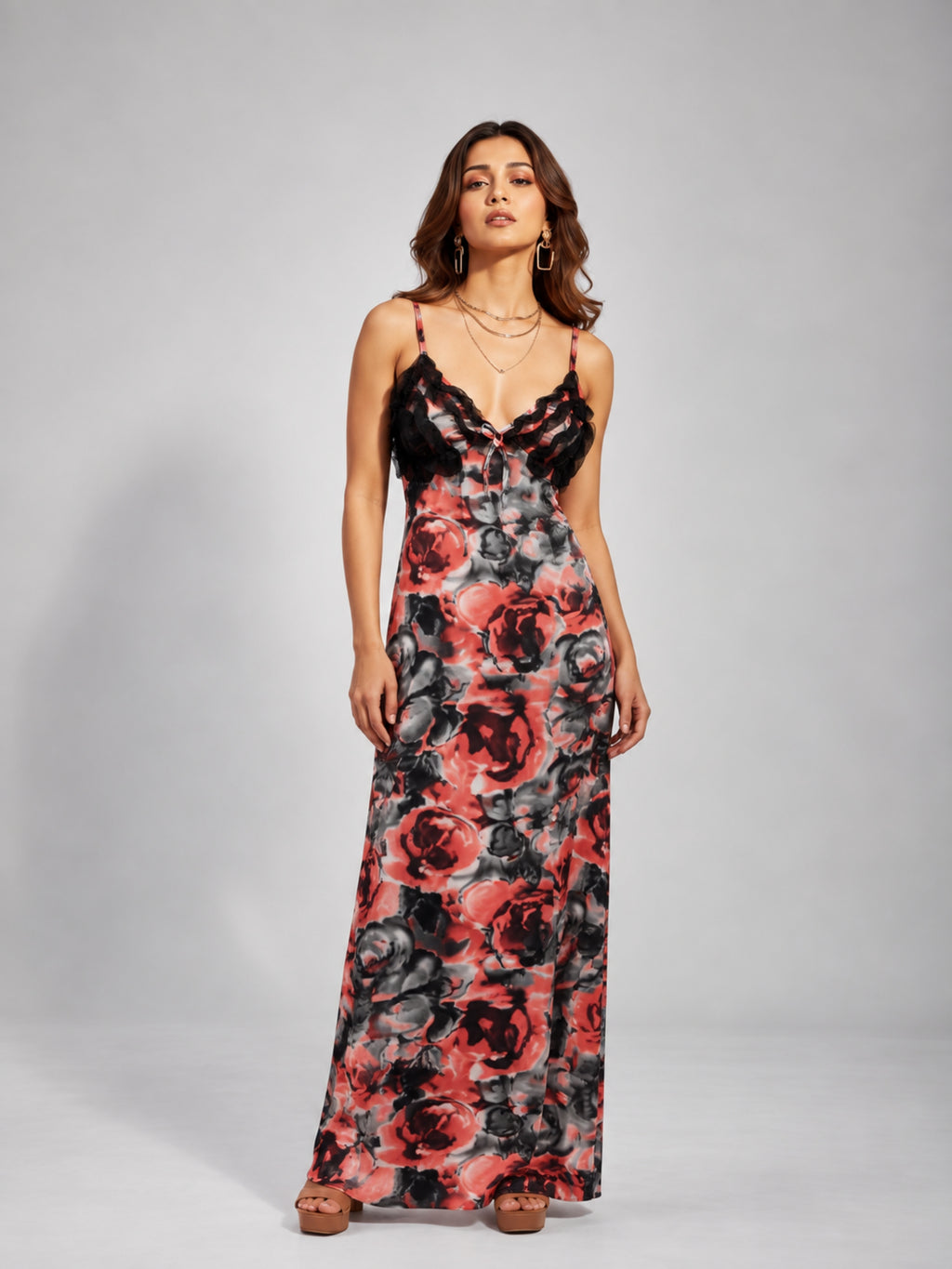 Rose Print Ruffle Trim Cami Maxi Dress (Red)