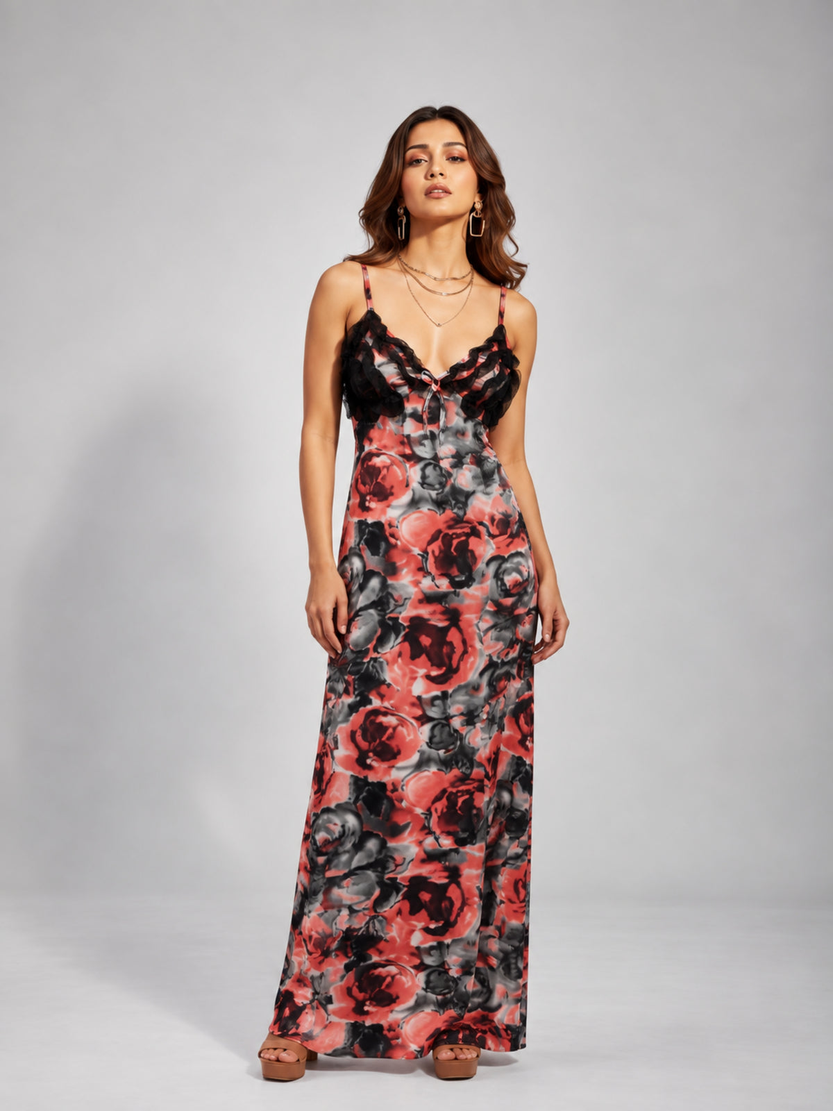 Rose Print Ruffle Trim Cami Maxi Dress (Red)