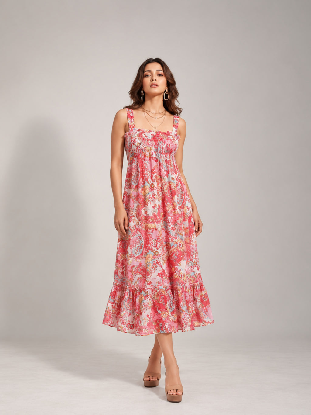 Paisley Bloom Shirred Midi Dress (Coral)