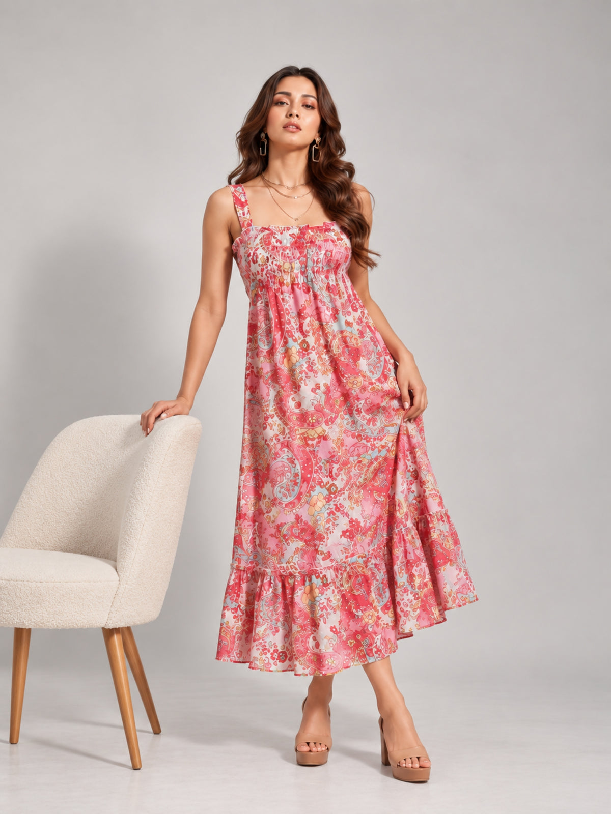 Paisley Bloom Shirred Midi Dress (Coral)
