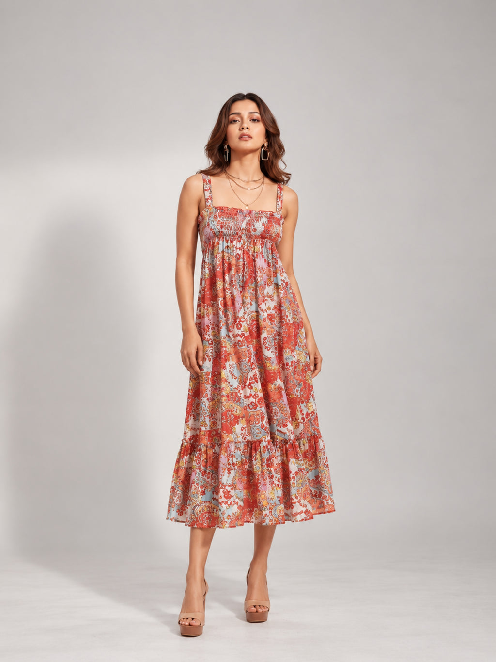 Paisley Bloom Shirred Midi Dress (Rust)