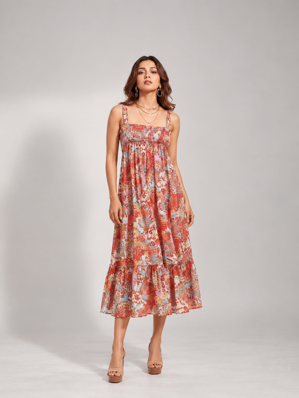 Paisley Bloom Shirred Midi Dress (Rust)