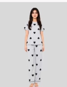 Grey With Black Multi Hearts Printed PJ Set